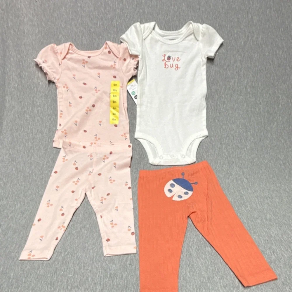 Carter's 3 Piece Ladybug Floral Pants Set 6M Pink Orange Shirt Bodysuit